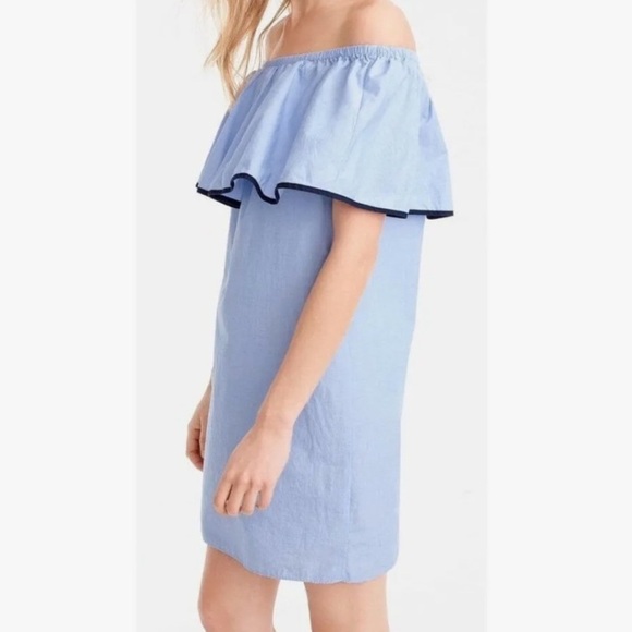 J. CREW Tipped Off The Shoulder Ruffle Blue Cotton Mini Dress XS - Picture 3 of 9